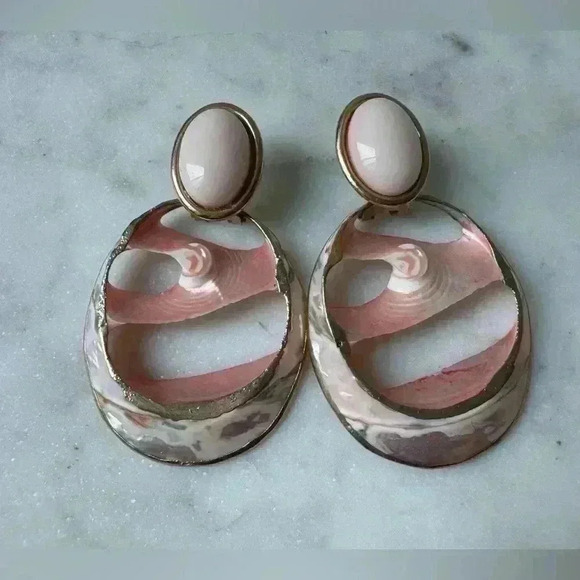 Vintage Dangle Long Pierced‎ Rose Gold Enamel Earrings - Picture 1 of 4